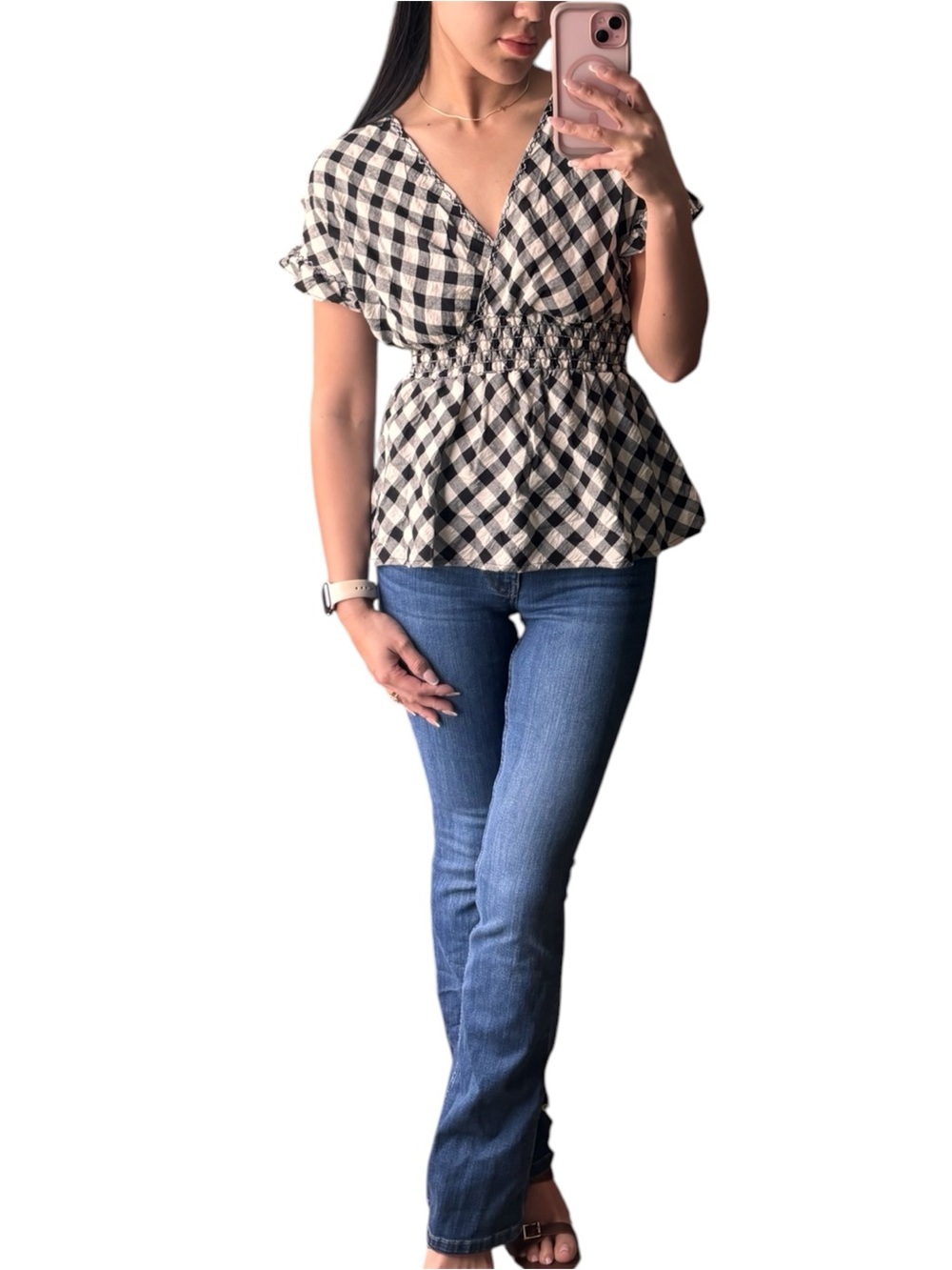 Smocked Waist Black & White Gingham V‑Neck Blouse - Picture 2 of 3